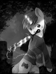 Size: 1000x1300 | Tagged: safe, artist:norychan, derpibooru import, oc, oc only, oc:code sketch, pony, unicorn, battle damage, blood, clothes, commission, cut, cutie mark, hoodie, magic, male, monochrome, mouth hold, scratches, solo, stallion, sword, weapon, ych result