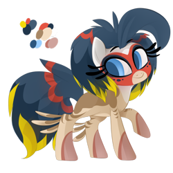 Size: 894x894 | Tagged: safe, artist:birb-o-fluff, derpibooru import, oc, oc only, bird pone, original species, female, mare, mask, raised hoof, reference sheet, simple background, smiling, solo, transparent background