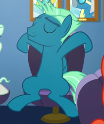 Size: 512x609 | Tagged: safe, derpibooru import, screencap, short fuse, sky stinger, vapor trail, pegasus, pony, top bolt, chair, cropped, eyes closed, male, sitting, smiling, solo focus