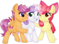 Size: 7854x5910 | Tagged: safe, artist:partylikeanartist, derpibooru import, apple bloom, scootaloo, sweetie belle, earth pony, pegasus, pony, unicorn, absurd resolution, bow, clothes, commission, cute, cutie mark crusaders, female, filly, hug, simple background, teeth, transparent background, wingding eyes