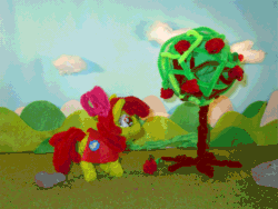 Size: 1333x1000 | Tagged: safe, artist:malte279, derpibooru import, apple bloom, animated, apple, apple tree, cape, chenille, chenille stems, chenille wire, clothes, craft, food, gif, loop, pipe cleaner sculpture, pipe cleaners, stop motion, tree