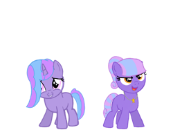 Size: 1024x768 | Tagged: safe, artist:turnaboutart, derpibooru import, oc, oc only, oc:lilac glow, oc:starry twinkle, earth pony, pony, unicorn, base used, female, filly, hair over one eye, jewelry, necklace, parent:lemon hearts, parent:twilight sparkle, parents:lemonlight, ponytail, sisters, smiling, twins