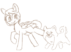 Size: 962x707 | Tagged: safe, derpibooru import, oc, oc only, oc:blu, bird pone, dog, duo, female, mare, monochrome, sketch, smiling