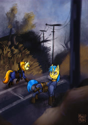 Size: 3508x4961 | Tagged: safe, artist:mangomilk, derpibooru import, oc, oc:code sketch, oc:nenenyaa, pony, unicorn, clothes, commission, energy weapon, fallout, fallout 76, female, gun, high res, laser pistol, male, mare, saddle bag, shotgun, stallion, vault suit, weapon, ych result