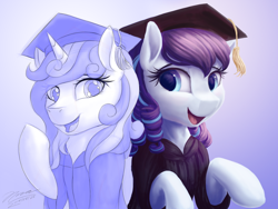 Size: 1024x768 | Tagged: safe, artist:novaintellus, derpibooru import, coloratura, oc, oc:melodia, earth pony, pony, unicorn, duo, female, graduation cap, hat, mare, style emulation