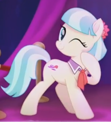 Size: 404x443 | Tagged: safe, derpibooru import, screencap, coco pommel, my little pony: the movie, cocobetes, cropped, cute, low quality, one eye closed, solo, wink