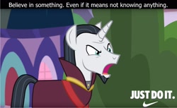 Size: 1920x1176 | Tagged: safe, derpibooru import, edit, edited screencap, editor:leonidus, screencap, chancellor neighsay, pony, unicorn, school daze, angry, believe in something, facial hair, goatee, image macro, male, meme, nike (brand), op is a cuck, op is trying to start shit, open mouth, quote, solo, stallion, text