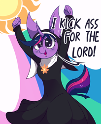 Size: 1522x1852 | Tagged: safe, artist:dragonpone, derpibooru exclusive, derpibooru import, twilight sparkle, anthro, unicorn, blushing, braindead, cheek fluff, dead alive, dialogue, ear fluff, female, implied princess celestia, mare, movie reference, nun, open mouth, praise the sun, smiling, solo, starry eyes, vulgar, wingding eyes