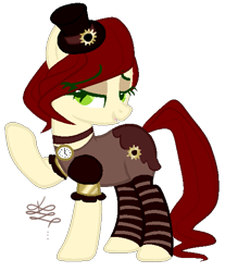 Size: 463x560 | Tagged: safe, artist:projectblastart, artist:tunchawk, derpibooru import, oc, oc only, oc:steam craft, earth pony, pony, base used, bedroom eyes, choker, clock, clothes, eyeshadow, female, hat, makeup, mare, open mouth, outfit, signature, simple background, socks, solo, steampunk, striped socks, top hat, transparent background