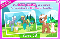 Size: 1040x688 | Tagged: safe, derpibooru import, coco crusoe, doctor fauna, green jewel, royal riff, silver spanner, earth pony, pony, unicorn, background pony, collection, female, gameloft, male, mare, official, raised hoof, stallion