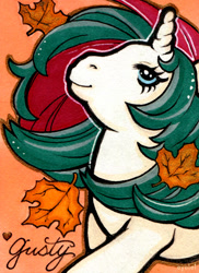 Size: 727x1000 | Tagged: safe, artist:heyeyelet, derpibooru import, gusty, pony, unicorn, g1, leaf