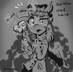 Size: 1111x1094 | Tagged: safe, artist:kaikururu, derpibooru import, twilight sparkle, twilight sparkle (alicorn), alicorn, clothes, female, goggles, inktober, inktober 2018, lab coat, monochrome, solo