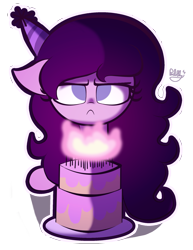 Size: 1683x2179 | Tagged: safe, artist:bubbly-storm, derpibooru import, oc, oc only, pony, birthday cake, cake, female, food, hat, mare, party hat, simple background, solo, transparent background, unamused