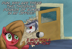 Size: 1174x800 | Tagged: safe, artist:hewison, derpibooru import, oc, oc:dr. x-ray, oc:pun, pony, unicorn, ask, ask pun, bone, female, male, mare, pun, stallion