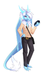 Size: 900x1557 | Tagged: safe, artist:scarlet-spectrum, derpibooru import, oc, oc only, anthro, digitigrade anthro, dragon, anthro oc, clothes, commission, digital art, dragon tail, hand on hip, horns, looking at you, male, pants, shirt, simple background, smiling, solo, transparent background