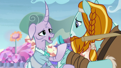 Size: 1280x720 | Tagged: safe, derpibooru import, screencap, mistmane, rockhoof, earth pony, pony, unicorn, a rockhoof and a hard place, beard, braid, clothes, crystal, crystal flower, elderly, ethereal mane, facial hair, female, flower, male, mare, moustache, rockhoof's shovel, stallion