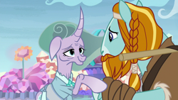 Size: 1280x720 | Tagged: safe, derpibooru import, screencap, mistmane, rockhoof, earth pony, pony, unicorn, a rockhoof and a hard place, beard, braid, clothes, crystal, crystal flower, curved horn, duo, elderly, facial hair, female, flower, horn, male, mare, moustache, rockhoof's shovel, stallion