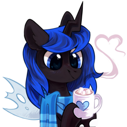 Size: 1700x1700 | Tagged: safe, artist:mirtash, derpibooru import, oc, oc only, oc:blue visions, changeling, blue changeling, changeling oc, clothes, cup, digital art, female, food, hot coco, insect wings, marshmallow, rcf community, scarf, solo, ych result