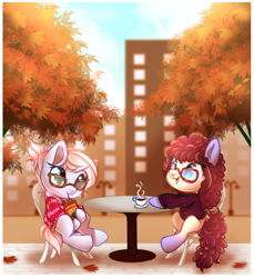 Size: 800x875 | Tagged: safe, artist:cabbage-arts, derpibooru import, oc, oc only, oc:sweet lullaby, pony, autumn, coffee, commission, cute, drinking, female, gradient hooves, mare, ocbetes, smiling, unnamed oc, ych result