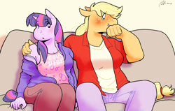 Size: 1280x812 | Tagged: safe, artist:rwl, derpibooru import, applejack, twilight sparkle, anthro, earth pony, unicorn, blushing, clothes, female, floppy ears, lesbian, nervous, shipping, smiling, sofa, twijack