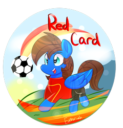 Size: 1915x1991 | Tagged: safe, artist:lynchristina, derpibooru import, oc, oc only, oc:red card, pegasus, pony, badge, commission, digital art, football, freckles, happy, male, open mouth, signature, smiling, solo, sports, stallion