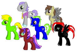 Size: 4581x3177 | Tagged: safe, derpibooru import, editor:jdueler11, oc, oc only, oc:amalgam refuse, oc:cosmic vibes, oc:nimbus quasar, oc:silver lining, oc:sir sheath, oc:tech savvy, earth pony, pegasus, pony, unicorn, pony creator, alternate mane six, male, simple background, stallion, transparent background, vector