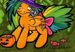 Size: 1000x698 | Tagged: safe, artist:heyeyelet, derpibooru import, masquerade (g1), pegasus, pony, g1, bow, candy, food, halloween, hat, holiday, jack-o-lantern, lollipop, mouth hold, pumpkin, pumpkin bucket, tail bow, witch hat