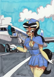 Size: 2094x2984 | Tagged: safe, artist:newyorkx3, derpibooru import, oc, oc:crystal, anthro, earth pony, airline, anthro oc, boeing 707, breasts, clothes, dress, female, flight attendant, hat, jet, mare, miniskirt, pan am, skirt, smiling, solo, stewardess, thighs