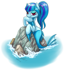 Size: 900x1010 | Tagged: safe, artist:kovoranu, derpibooru import, sonata dusk, merpony, siren, female, looking at you, rock, simple background, solo, transparent background, water