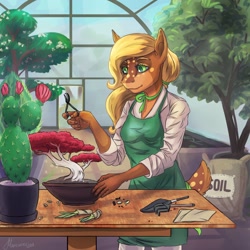Size: 1280x1280 | Tagged: safe, artist:marcaneg, derpibooru import, oc, oc only, oc:olive branch, anthro, deer pony, original species, anthro oc, apron, bonsai, cactus, clothes, commission, female, gardening, gift art, greenhouse, mare, solo, tree, trowel, ych result