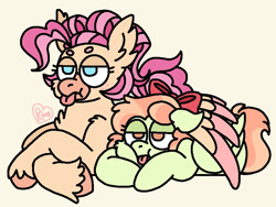 Size: 800x603 | Tagged: safe, artist:sandwichbuns, derpibooru import, oc, oc only, oc:ladybird, oc:spongecake, classical hippogriff, hippogriff, pegasus, pony, female, hug, magical lesbian spawn, mare, offspring, parent:fluttershy, parent:pinkie pie, parent:princess skystar, parent:rainbow dash, parents:flutterdash, parents:skypie, prone, simple background, tongue out, winghug