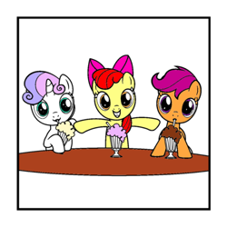 Size: 540x540 | Tagged: safe, artist:ellaineplayz, derpibooru import, apple bloom, scootaloo, sweetie belle, earth pony, pegasus, pony, unicorn, one bad apple, cutie mark crusaders, female, filly, food, ice cream, looking at you, traditional art