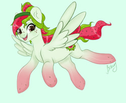 Size: 1412x1152 | Tagged: safe, artist:bestiary, derpibooru import, oc, oc only, oc:watermelana, pegasus, pony, flying, freckles, gradient hooves, looking at you, solo, spread wings, wings