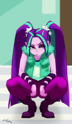 Size: 588x1004 | Tagged: safe, artist:paradoxbroken, color edit, colorist:ironhades, derpibooru import, edit, aria blaze, equestria girls, aria blaze is not amused, colored, cropped, crouching, sitting, solo, unamused