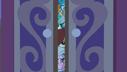 Size: 1280x720 | Tagged: safe, derpibooru import, screencap, gallus, ocellus, sandbar, silverstream, smolder, yona, school raze, peeking, spying, student six