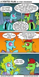 Size: 975x1911 | Tagged: safe, artist:pony-berserker, derpibooru import, oc, oc:berzie, oc:dopple, changedling, changeling, comic:a dented plan, 2018, amazed, angry, asking, background changeling, background character, bush, cave, comic, curious, cute, cute little fangs, dentist, dialogue, digital art, duo focus, fangs, glow, gritted teeth, happy, impressed, inconel, magic, magic glow, male, onomatopoeia, open mouth, pointing, raised hoof, raised leg, robbery, showing, side view, smiling, speech bubble, standing, steam, superalloy, talking, teeth, text, this is going to hurt, tooth, transformation, trio, unnamed character, vine