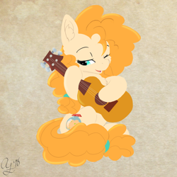 Size: 1280x1280 | Tagged: safe, artist:aurorafang, derpibooru import, pear butter, earth pony, pony, female, guitar, hoof hold, lineless, mare, one eye closed, simple background, solo