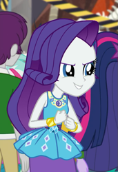 Size: 459x671 | Tagged: safe, derpibooru import, screencap, indigo wreath, rarity, sci-twi, twilight sparkle, better together, equestria girls, school of rock, cropped, evil grin, geode of shielding, grin, offscreen character, smiling, smirk