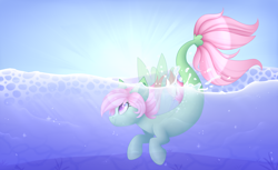 Size: 5400x3300 | Tagged: safe, artist:scarlet-spectrum, derpibooru import, oc, oc only, oc:spectral wind, seapony (g4), commission, female, sky, smiling, solo, sun, underwater, water, wings, ych result