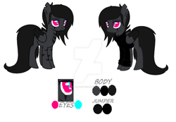 Size: 1024x708 | Tagged: safe, artist:space--paws0w0, derpibooru import, oc, oc only, oc:dark blaze, pegasus, pony, undead, vampire, vampony, clothes, coat markings, colored pupils, female, jumper, mare, obtrusive watermark, reference sheet, simple background, solo, sweater, watermark, white background