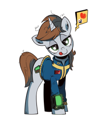 Size: 1950x2400 | Tagged: safe, artist:iiapiiiubbiu, derpibooru import, oc, oc only, oc:littlepip, pony, unicorn, fallout equestria, clothes, cutie mark, fanfic, fanfic art, female, hooves, horn, i can't believe it's not idw, implied lesbian, implied shipping, looking at you, love, mare, open mouth, pictogram, pipbuck, simple background, solo, teeth, tongue out, transparent background, vault suit, weapon