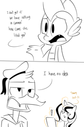 Size: 800x1214 | Tagged: safe, artist:emositecc, derpibooru import, spike, oc, oc:color cream, dragon, crossover, donald duck, duck tales 2017, ducktales, grayscale, hat, monochrome, paper, sailor hat