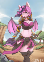 Size: 2500x3500 | Tagged: safe, artist:redwix, derpibooru import, oc, oc only, oc:battica, alicorn, anthro, bat pony, bat pony alicorn, anthro oc, bat pony oc, belly button, boots, breasts, clothes, cloud, commission, female, looking at you, sexy, shoes, skirt, sky, solo, sword, thigh boots, thighs, tree, weapon, ych result