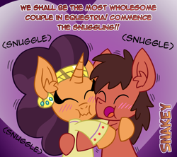 Size: 866x768 | Tagged: safe, artist:snakeythingy, derpibooru import, saffron masala, oc, oc:sketchy dupe, pony, blushing, canon x oc, cuddling, dialogue, dupala, hug, kurta, sketchffron, snuggling, story included