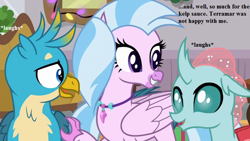 Size: 800x450 | Tagged: safe, derpibooru import, edit, edited screencap, screencap, gallus, ocellus, silverstream, the hearth's warming club, amused, cute, dialogue, diaocelles, diastreamies, gallabetes, implied terramar, jewelry, necklace, noodle incident, pearl necklace, school of friendship