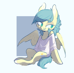 Size: 1184x1173 | Tagged: safe, artist:amphoera, derpibooru import, oc, oc:venti via, pegasus, pony, beanbrows, clothes, eyebrows, shirt