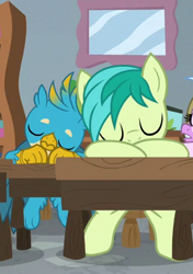 Size: 263x373 | Tagged: safe, derpibooru import, screencap, gallus, sandbar, griffon, pony, school daze, cropped, eyes closed, male, paws, sleeping, teenager