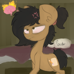 Size: 3000x3000 | Tagged: safe, artist:claudearts, derpibooru import, oc, oc only, oc:sketcher, bed, blanket, bloodshot eyes, brain, butt freckles, cutie mark, ear freckles, fire, freckles, pillow, runny nose, sick, solo