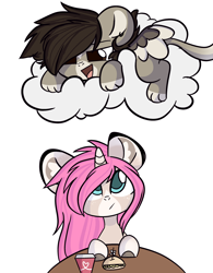 Size: 2500x3200 | Tagged: safe, artist:vessel, derpibooru import, oc, oc only, oc:tarot, oc:xor, classical unicorn, pony, sphinx, unicorn, cloud, cloven hooves, couple, curved horn, cute, ear piercing, female, floppy ears, food, hooves, interspecies, leonine tail, male, mare, oc x oc, paws, piercing, shipping, simple background, smiling, sphinx oc, straight, taror, unshorn fetlocks, wings, ych result