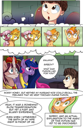 Size: 1800x2740 | Tagged: safe, artist:candyclumsy, derpibooru import, oc, oc:king speedy hooves, oc:learning curve, oc:queen galaxia, oc:tommy the human, alicorn, human, pony, comic:fusing the fusions, comic:royal drama, alicorn oc, body horror, comic, commissioner:bigonionbean, dialogue, fusion, fusion:king speedy hooves, fusion:learning curve, fusion:queen galaxia, human oc, merge, writer:bigonionbean